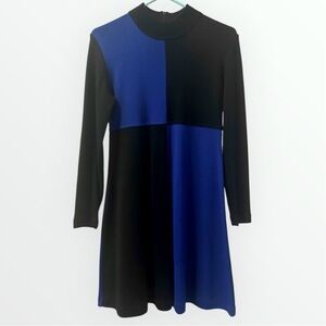 Vintage Karin Stevens Black and Blue Mod Colorblock A-Line Sweater Dress